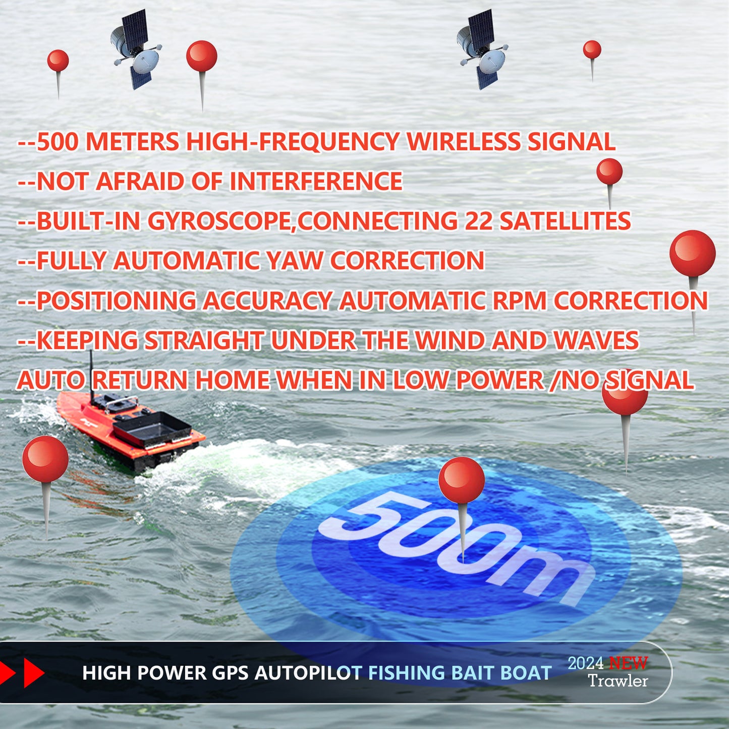 High Speed RC Fishing Bait Boat for Ocean Lake Fishing with GPS, 500M Range, 4.5KG Load, Cruise Control