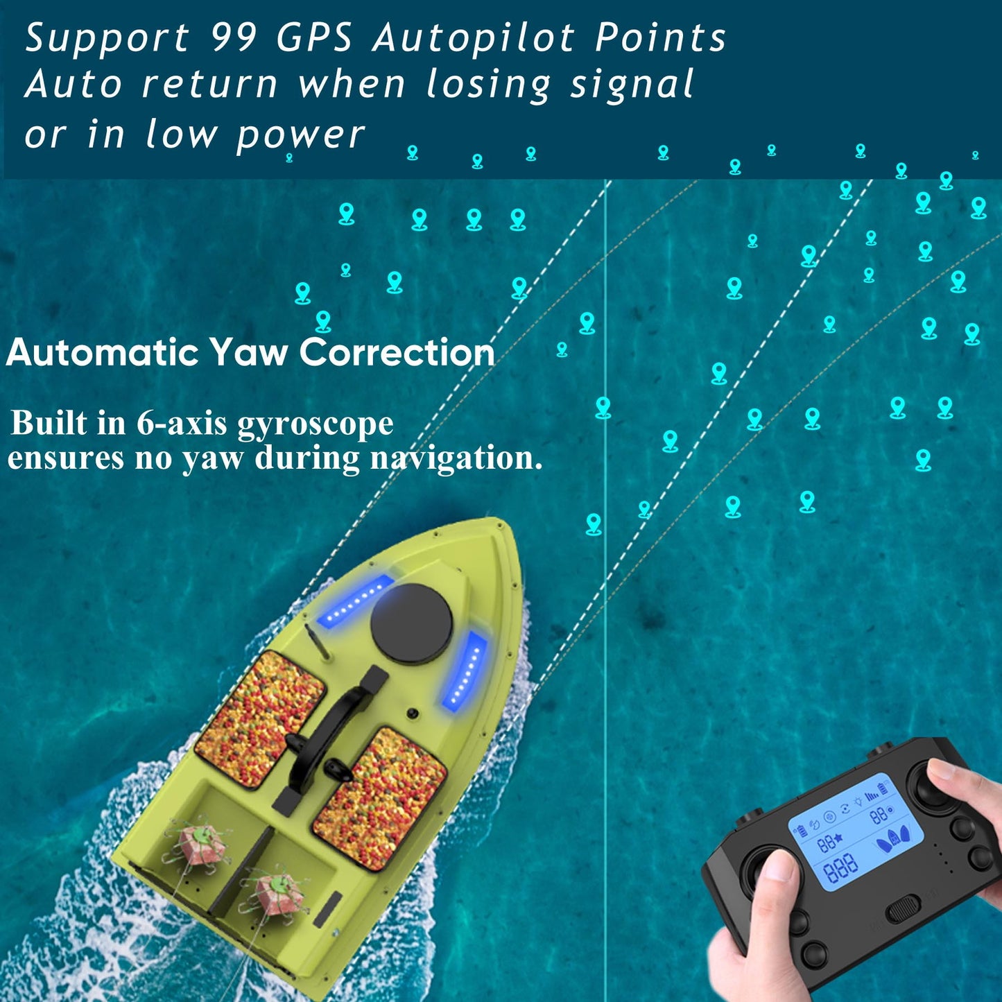 Smart Fishing Bait Boat with 4 Bait Trays, GPS Auto Pilot, 2.4G RC Remote Control, Long Range 500m, Anti-Lost Auto Return, Durable ABS Material, Rechargeable Battery, Night Lights