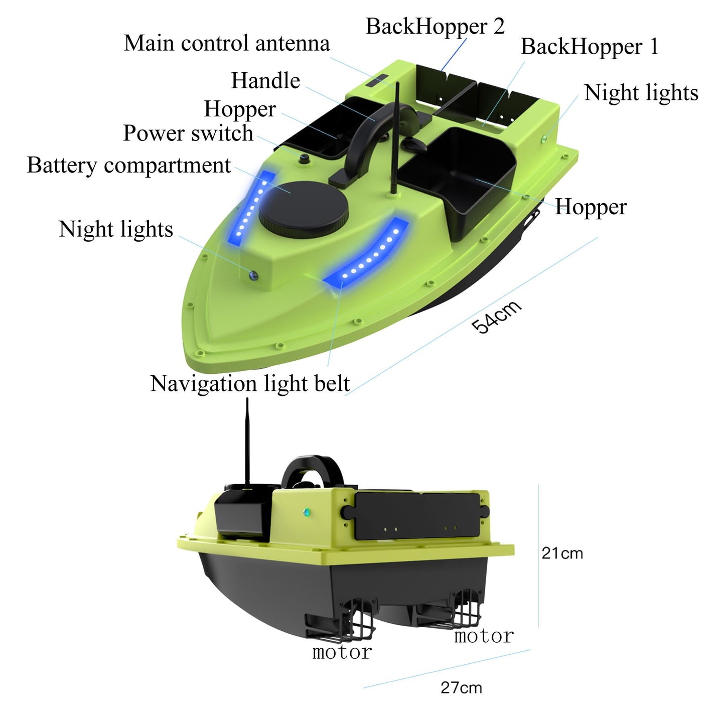 Smart Fishing Bait Boat with 4 Bait Trays, GPS Auto Pilot, 2.4G RC Remote Control, Long Range 500m, Anti-Lost Auto Return, Durable ABS Material, Rechargeable Battery, Night Lights