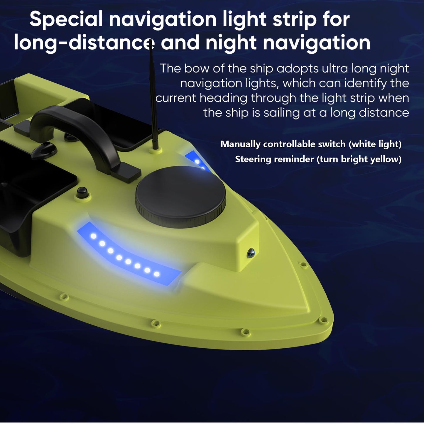 Smart Fishing Bait Boat with 4 Bait Trays, GPS Auto Pilot, 2.4G RC Remote Control, Long Range 500m, Anti-Lost Auto Return, Durable ABS Material, Rechargeable Battery, Night Lights