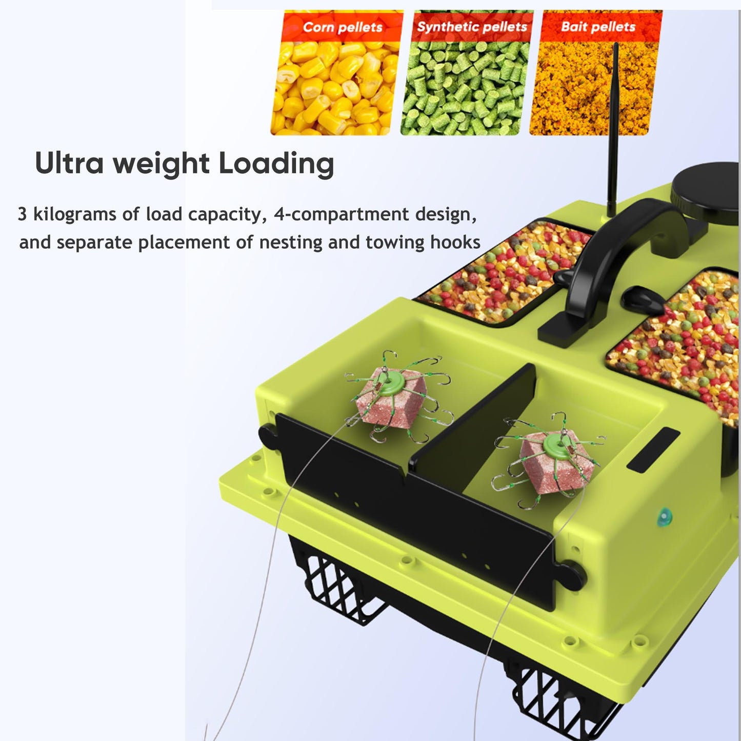 Smart Fishing Bait Boat with 4 Bait Trays, GPS Auto Pilot, 2.4G RC Remote Control, Long Range 500m, Anti-Lost Auto Return, Durable ABS Material, Rechargeable Battery, Night Lights