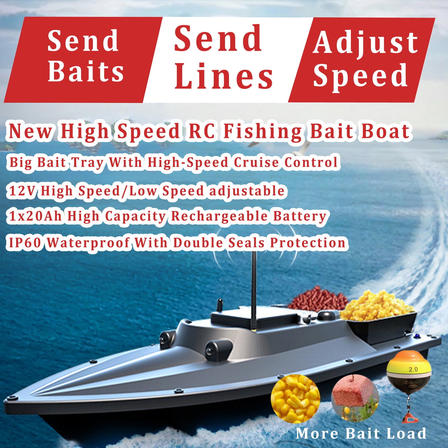 CRESEA PRODUCTS High Speed Waterproof RC Fishing Bait Boat for Surf Fishing Ocean Lake Fishing, 500M Range, 4.5KG Load, Cruise Control