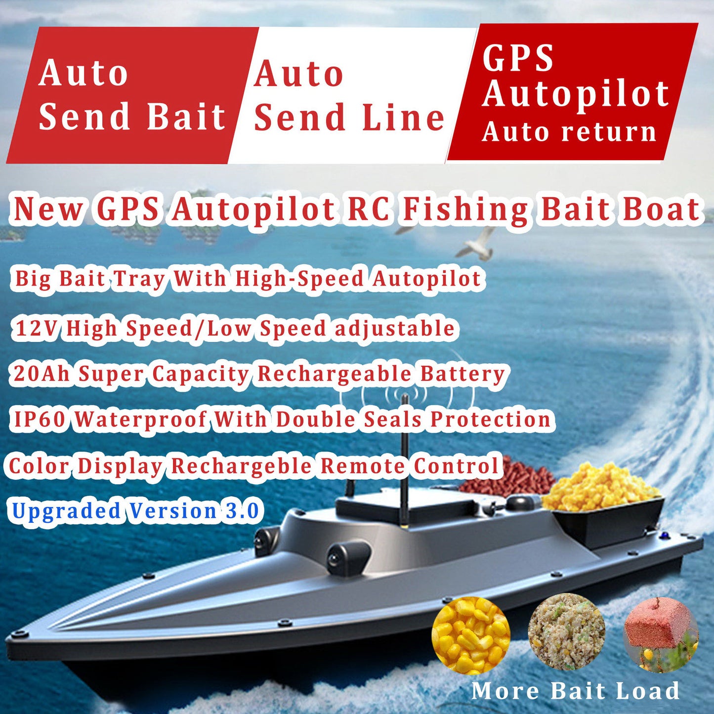 High Speed RC Fishing Bait Boat for Ocean Lake Fishing with GPS, 500M Range, 4.5KG Load, Cruise Control