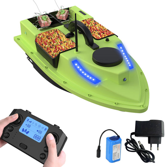 Smart Fishing Bait Boat with 4 Bait Trays, GPS Auto Pilot, 2.4G RC Remote Control, Long Range 500m, Anti-Lost Auto Return, Durable ABS Material, Rechargeable Battery, Night Lights